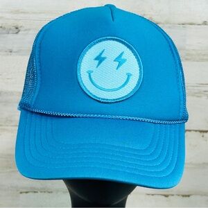 Smiley Face Snapback Mesh Back Felt Trucker Hat Cap Blue OSFM Otto